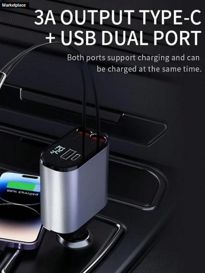 Premium Retractable 4-in-1 Quick Charge Car Charger, 60W