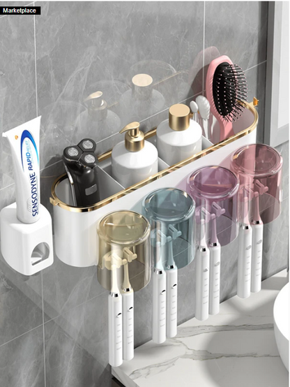 Toothbrush Holder With 4 Cups And Toothpaste Dispenser