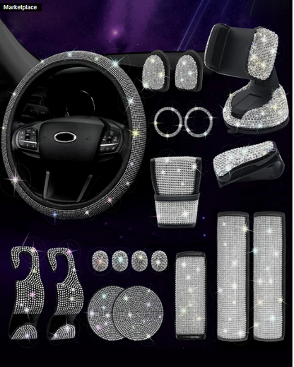 Rhinestone Decor Car Steering Wheel Cover & Handbrake & Gear Shift Cover Set